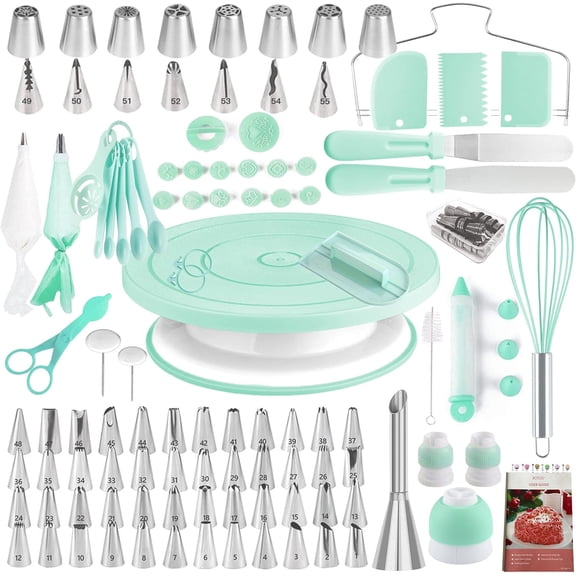 Cake decoration kit, 137 pieces of cake decoration items with cake turntable, pastry pipe bag, Russian pipe tips baking tools, cake baking supplies for beginners (green)