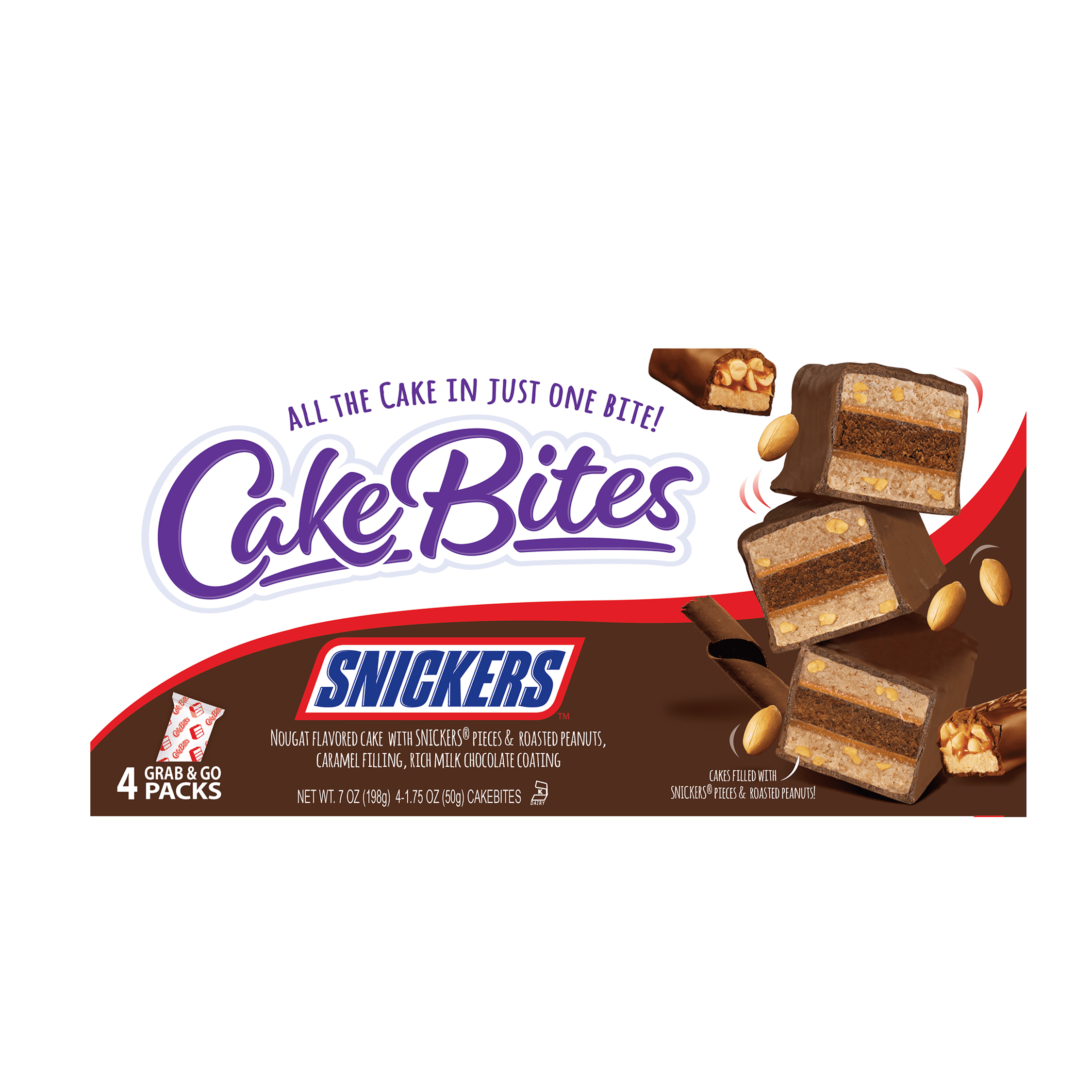 CakeBites Snickers, 4 Grab & Go Family Size Mini Cakes, 7oz, Shelf Stable