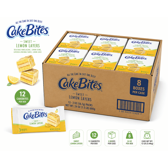 CakeBites Sweet Lemon Layers Cake Bites, 12 Count (24 oz) Boxes, Case of 8, Soft Lemon Snack Cakes Bulk Pack