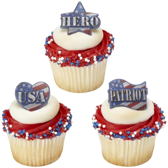 CakeDrake Hero Cupcake Rings Metallic Patriotic Party Toppers 12 Count