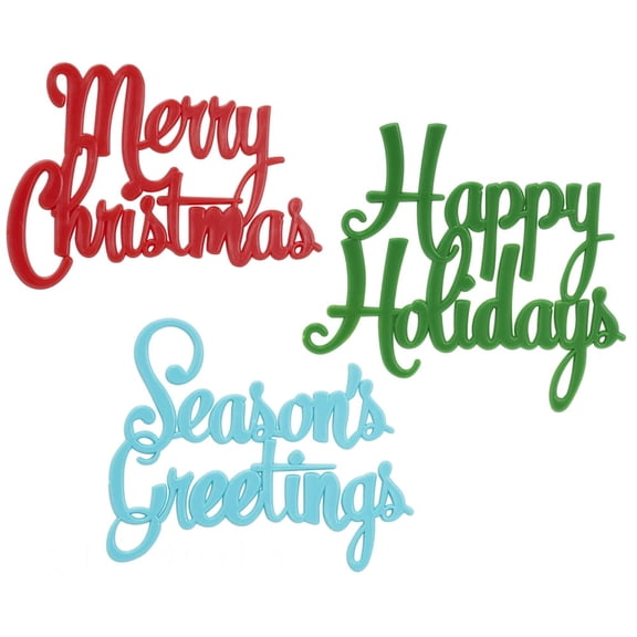 CakeDrake Holiday Message Layons 3 Pack, Merry Christmas Happy Holidays Seasons Greetings Cake Toppers, Red Green Blue Decorative Picks for Holiday Desserts