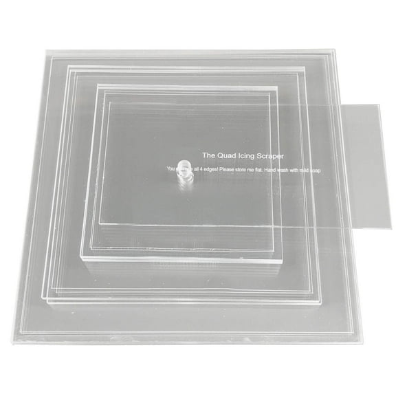 CakeSafe 1/4 Inch Square Basic Essential Kit  2 Each of Square Disk 6-1/4 Inch, 8-1/4 Inch and 10-1/4 Inch, Each Disk with 1/4 Inch Border 1/8 Inch x 2 & Center Hole, Plus 8 Inch Quad Icing Scraper