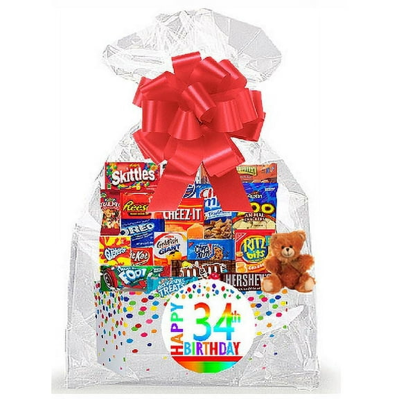 CakeSupplyShop Item#034BSG Happy 34th Birthday Rainbow Thinking Of You Cookies, Candy & More Care Package Snack Gift Box Bundle Set - Ships FAST!