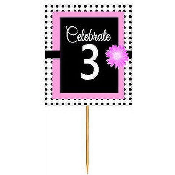 CakeSupplyShop Item#BPP-003 Happy 3rd Birthday Pink w. Black Polka Dot Novelty Cupcake Decoration Topper Picks -12ct