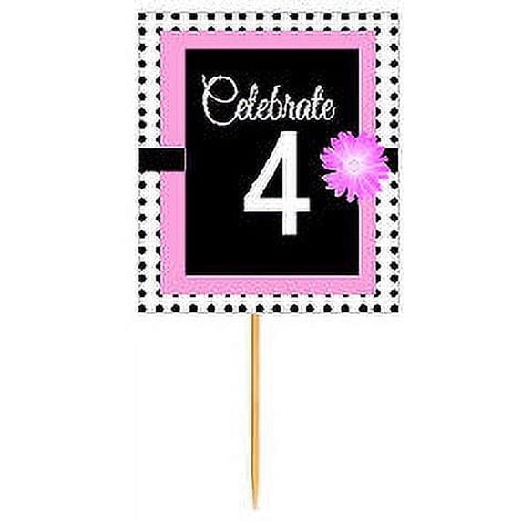 CakeSupplyShop Item#BPP-004 Happy 4th Birthday Pink w. Black Polka Dot Novelty Cupcake Decoration Topper Picks -12ct