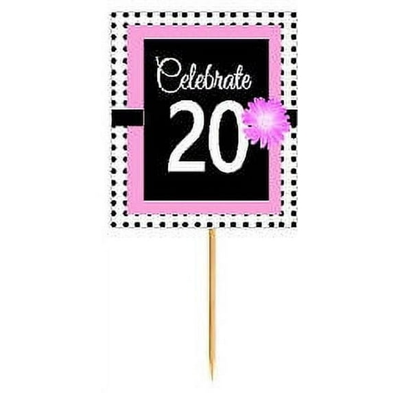 CakeSupplyShop Item#BPP-020 Happy 20th Birthday Pink w. Black Polka Dot Novelty Cupcake Decoration Topper Picks -12ct