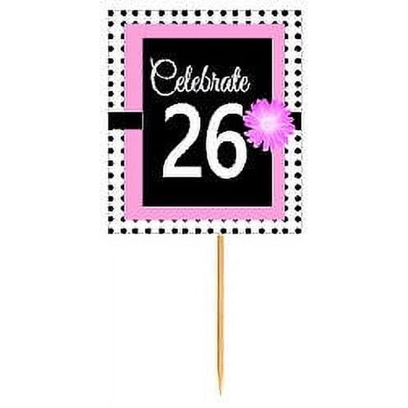 CakeSupplyShop Item#BPP-026 Happy 26th Birthday Pink w. Black Polka Dot Novelty Cupcake Decoration Topper Picks -12ct