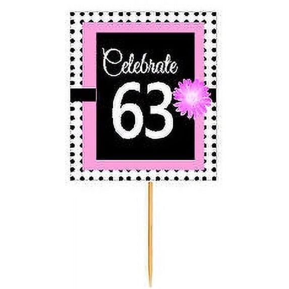 CakeSupplyShop Item#BPP-063 Happy 63rd Birthday Pink w. Black Polka Dot Novelty Cupcake Decoration Topper Picks -12ct