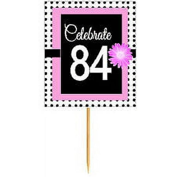 CakeSupplyShop Item#BPP-084 Happy 84th Birthday Pink w. Black Polka Dot Novelty Cupcake Decoration Topper Picks -12ct