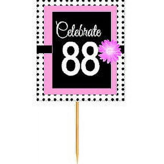 CakeSupplyShop Item#BPP-088 Happy 88th Birthday Pink w. Black Polka Dot Novelty Cupcake Decoration Topper Picks -12ct