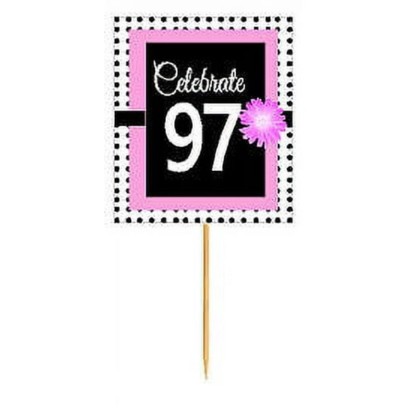CakeSupplyShop Item#BPP-097 Happy 97th Birthday Pink w. Black Polka Dot Novelty Cupcake Decoration Topper Picks -12ct