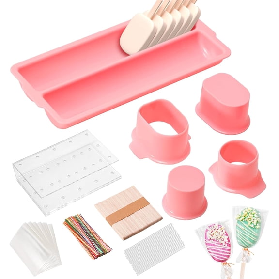 Cakesicle Cutter and Cake Pop Mold Set with Acrylic Stands, Tray, Sticks, Cellophane Bags & Ties Complete Baking Kit for Home Party Wedding Desserts Pink