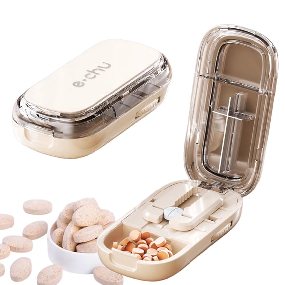 Caketotu Pill Cutter, Echu Portable Pill Cutter, 1/2 1/4 Pills Splitter for Large, Small and Tiny Pills, Stainless Steel Improved Sharp Blade, Pill Storage Organize (1/4*White)
