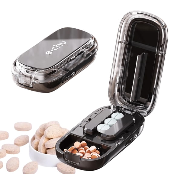 Caketotu Pill Cutter, Echu Portable Pill Cutter, 1/2 1/4 Pills Splitter for Large, Small and Tiny Pills, Stainless Steel Improved Sharp Blade, Pill Storage Organize (1/2*Black)