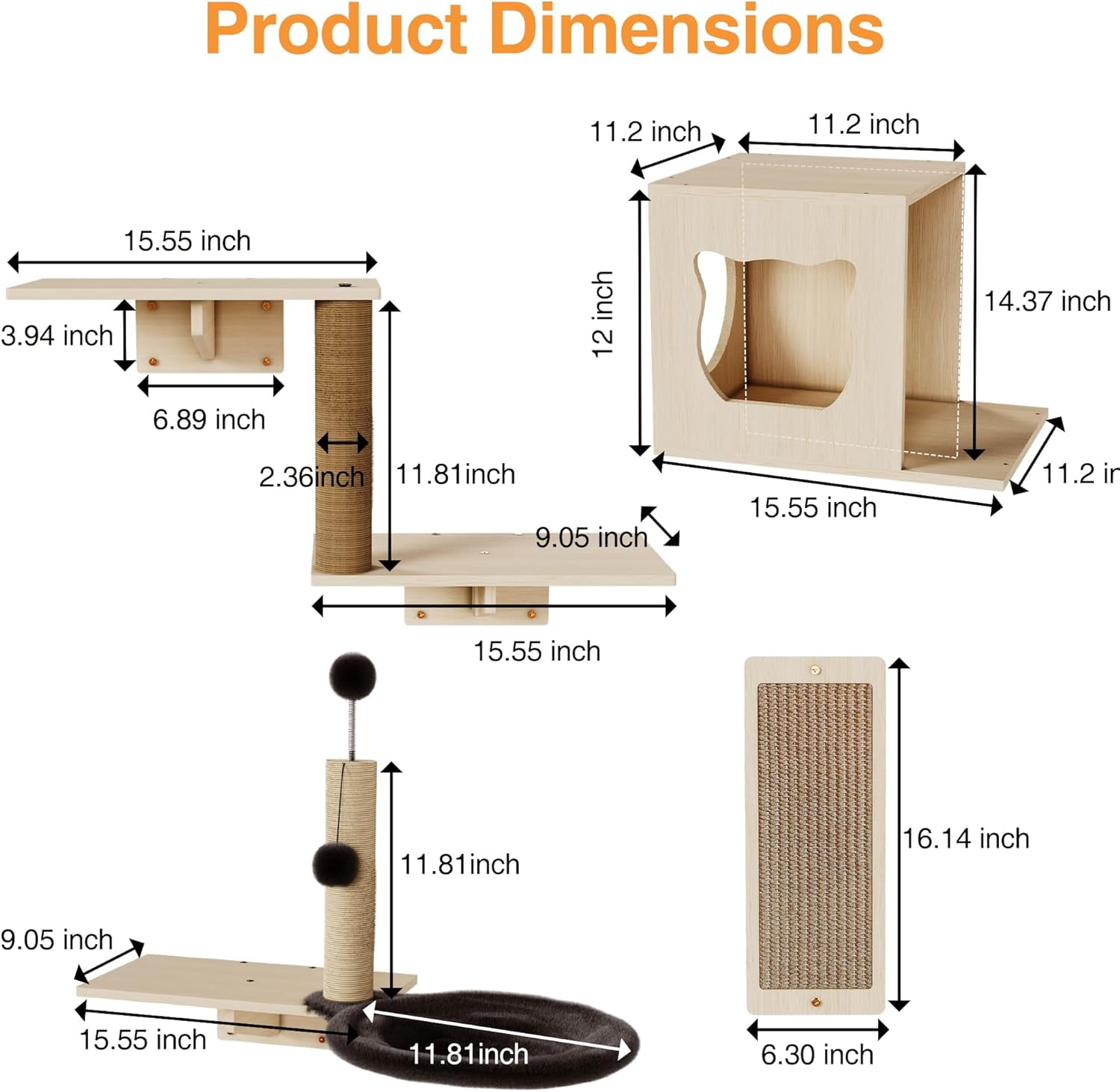 Cakhdry  Wall Shelves Wooden Multi-Level Climbing Furniture with Sisal Scratcher Perches Bed Ball Space Saving Wall Mounted for