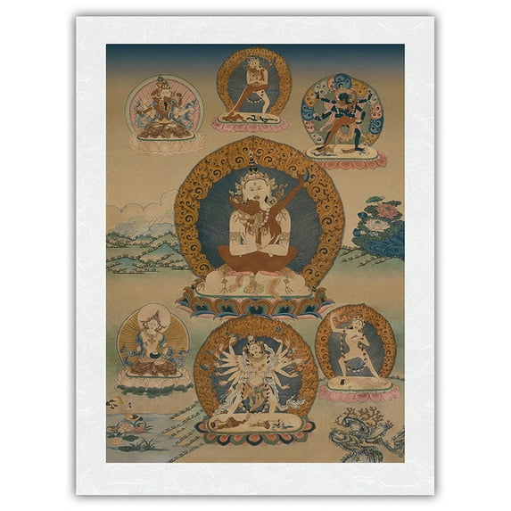 Cakrasamvara Tantra - Vintage Tibetan Thangka Buddhist Painting - Tibet, 18th Century - Japanese Unryu Rice Paper Art Print 24 x 32 in