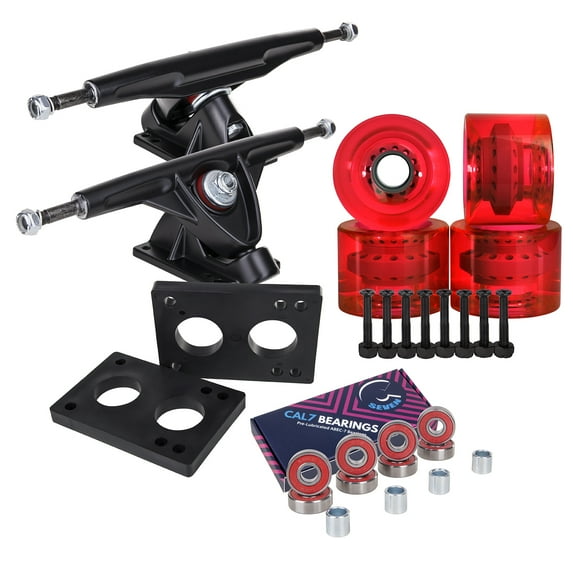 Cal 7 Longboard Skateboard Combo Package with 70mm Wheels & 180mm Lightweight Aluminum Trucks, Bearings Complete Set & Steel Hardware (Black Trucks, Transparent Red Wheels)