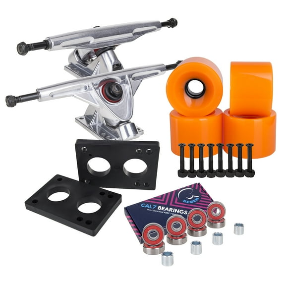 Cal 7 Longboard Skateboard Combo Package with 70mm Wheels & 180mm Lightweight Aluminum Trucks, Bearings Complete Set & Steel Hardware (Silver Trucks, Solid Orange Wheels)