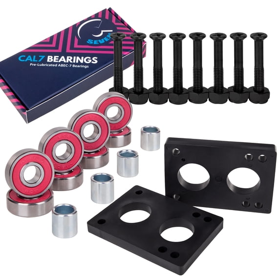 Cal 7 Skateboard Bundle 1.25" Steel Hardware, 1/4" Riser Pad & ABEC-7 Premium Bearings (Black)