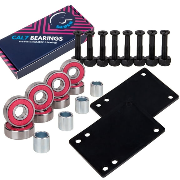 Cal 7 Skateboard Bundle 1" Steel Hardware, 1/8" Riser Pads, and ABEC-7 Premium Bearings and Spacers (Black)