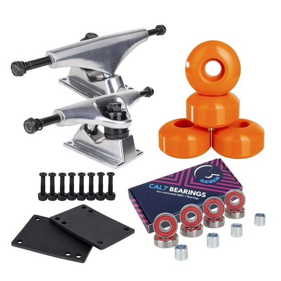 Cal 7 Skateboard Combo, 5.25" Silver Trucks, 52mm 99A Wheels, and Bearings/Hardware Set (Orange Wheels)