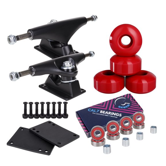 Cal 7 Skateboard Combo, 5" Black Trucks, 52mm 99A Wheels, Bearings/Hardware Set (Red Wheels)
