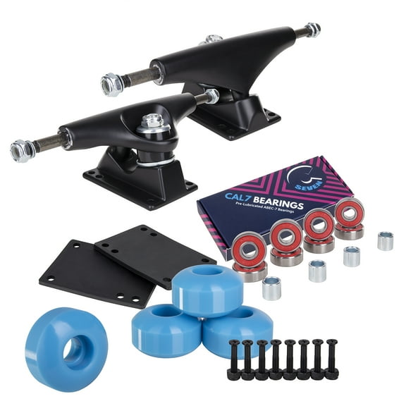 Cal 7 Skateboard Package Combo with 5 Inch Trucks, 52mm 99A Wheels, Complete Set of Bearings and Steel Hardware (Black Trucks, Baby Blue Wheels)