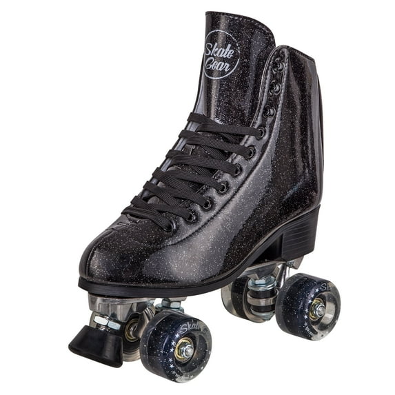 Cal 7 Sparkly Roller Skates for Indoor & Outdoor Skating, Faux Leather Quad Skate with Ankle Support & 83A PU Wheels for Kids & Adults (Black, Youth 5 / Women's 6)