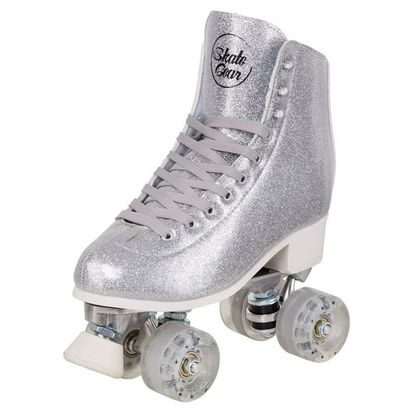 Cal 7 Sparkly Roller Skates for Indoor and Outdoor Skating, Faux Leather Quad Skate with Ankle Support and 83A PU Wheels for Kids and Adults (Silver, Men's 7 or Women's 8)