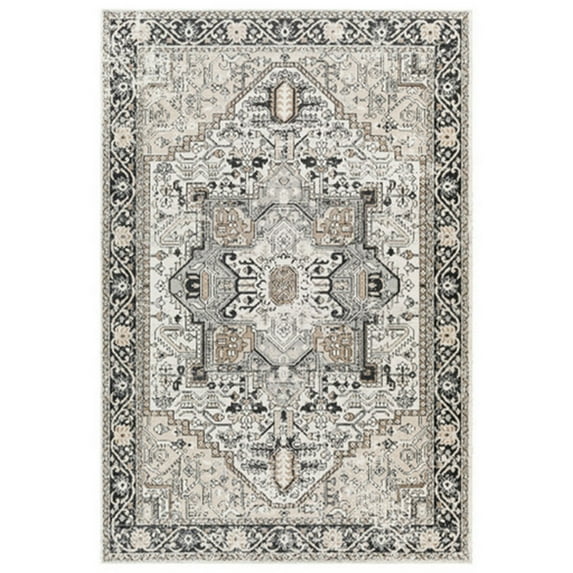 Cal 8 x 10 Area Rug Persian Inspired Medallion Print Soft Gray Polyester - Saltoro Sherpi