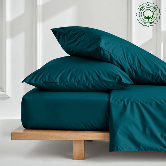 Cal-King 3-PC (1 Fitted + 2 Pillowcases) Pure Organic Bed Sheet Set 800-Thread Count, 21" Deep Pockets - Teal Blue