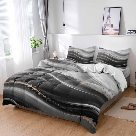Cal King 4 Piece Bedding Set Abstract Bending Striped Soft Breathable Duvet Cover and Pillowcase,Black Gradient Wave Pattern Duvet Cover Set Washable Bed Sheets for Bedroom Dormitory Guest Room