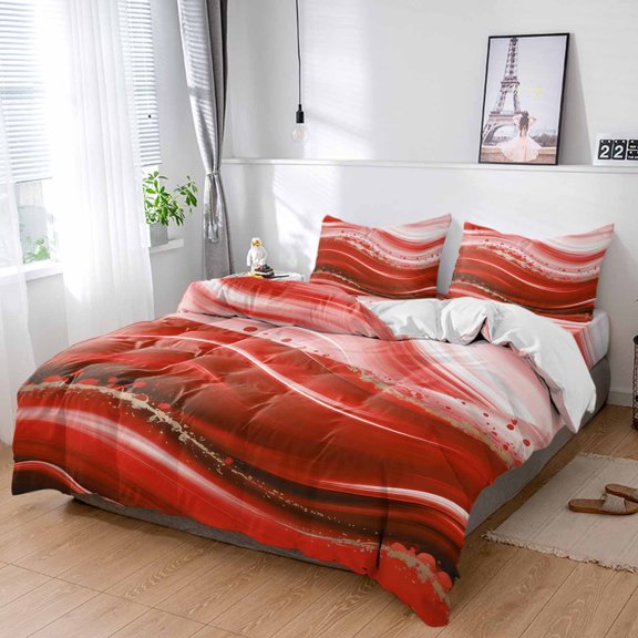 Cal King 4 Piece Bedding Set Abstract Bending Striped Soft Breathable Duvet Cover and Pillowcase,Red Gradient Wave Pattern Duvet Cover Set Washable Bed Sheets for Bedroom Dormitory Guest Room