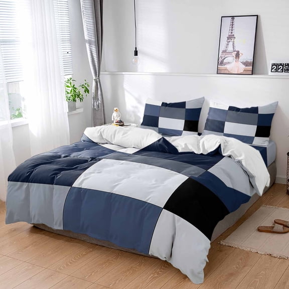 Cal King 4 Piece Bedding Set Abstract Blue Grey White Black Patchwork Soft Breathable Duvet Cover and Pillowcase,Retro Art Duvet Cover Set Washable Bed Sheets for Bedroom Dormitory Guest Room
