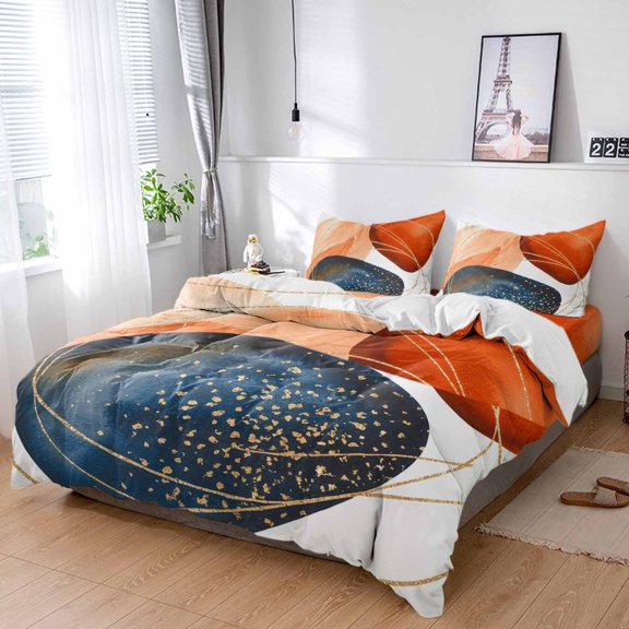 Cal King 4 Piece Bedding Set Abstract Boho Geometric Line Soft Breathable Duvet Cover and Pillowcase,Ombre Navy Blue Burnt Orange Duvet Cover Set Washable Bed Sheets for Bedroom Dormitory Guest Room