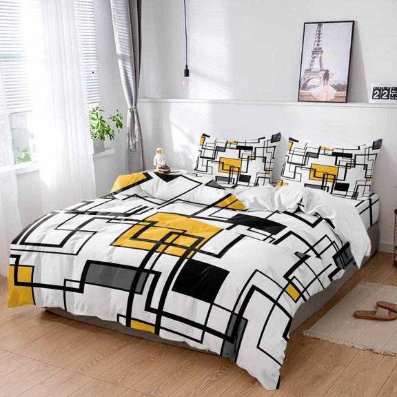 Cal King 4 Piece Bedding Set Abstract Geometric Line Soft Breathable Duvet Cover and Pillowcase,Classic Yellow Black Check Duvet Cover Set Washable Bed Sheets for Bedroom Dormitory Guest Room