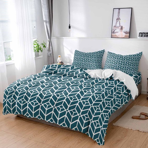 Cal King 4 Piece Bedding Set Abstract Geometric Line Style Soft Breathable Duvet Cover and Pillowcase,Modern Diamond on Blue Duvet Cover Set Washable Bed Sheets for Bedroom Dormitory Guest Room