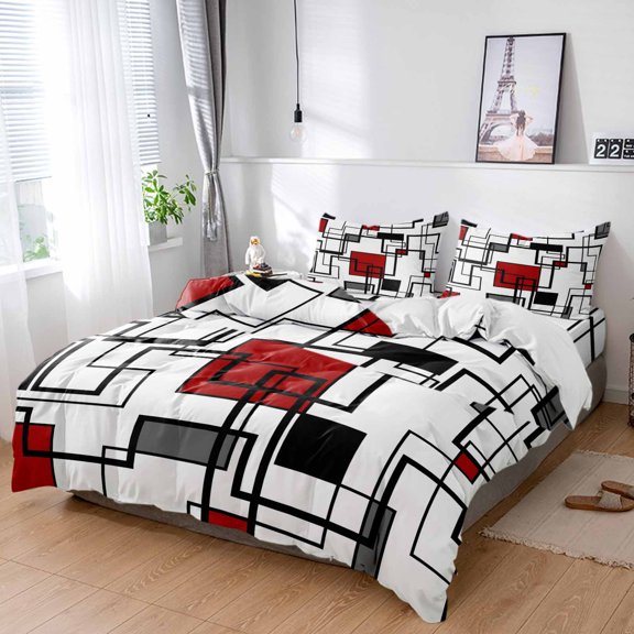 Cal King 4 Piece Bedding Set Abstract Geometric Squares Soft Breathable Duvet Cover and Pillowcase,Black Red Modern Line Art Duvet Cover Set Washable Bed Sheets for Bedroom Dormitory Guest Room