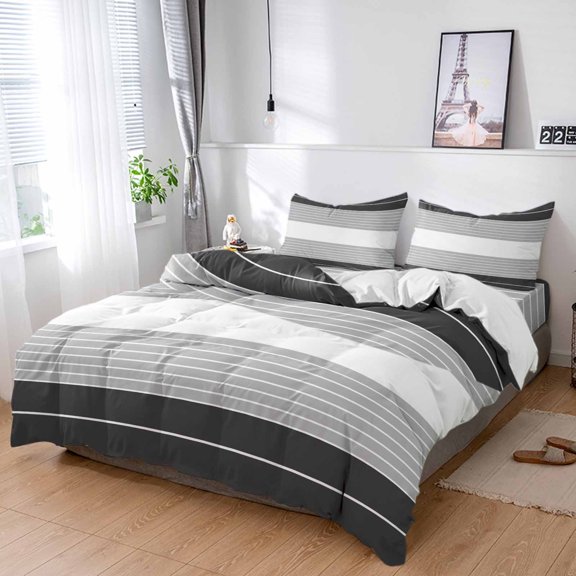 Cal King 4 Piece Bedding Set Abstract Gradient Lines Soft Breathable Duvet Cover and Pillowcase,Modern Black Grey Stripes Duvet Cover Set Washable Bed Sheets for Bedroom Dormitory Guest Room