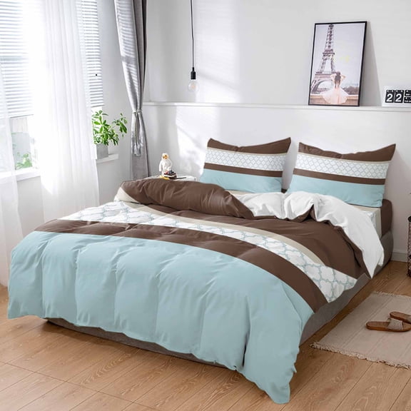 Cal King 4 Piece Bedding Set Blue Brown Moroccan Trellis Soft Breathable Duvet Cover and Pillowcase,Modern Abstract Art Duvet Cover Set Washable Bed Sheets for Bedroom Dormitory Guest Room