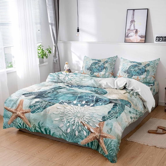 Cal King 4 Piece Bedding Set Blue Sea Turtle Ocean Starfish Soft Breathable Duvet Cover and Pillowcase,Seaweed Vintage Map Duvet Cover Set Washable Bed Sheets for Bedroom Dormitory Guest Room