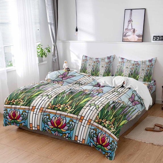 Cal King 4 Piece Bedding Set Butterfly Spring Colorful Flower Soft Breathable Duvet Cover and Pillowcase,Abstract Floral Green Leaves Duvet Cover Set Bed Sheets for Bedroom Dormitory Guest Room