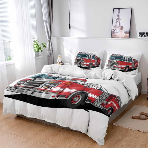 Cal King 4 Piece Bedding Set Cartoon Fire Truck Red Grey Car Soft Breathable Duvet Cover and Pillowcase,Patriotic Firefighter Trucks on White Duvet Cover Set Bed Sheets for Bedroom Dormitory