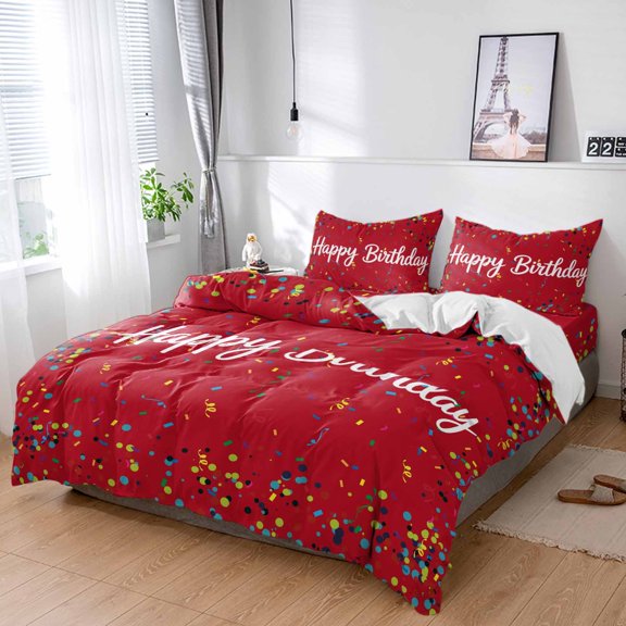 Cal King 4 Piece Bedding Set Colorful Happy Birthday Soft Breathable Duvet Cover and Pillowcase,Red Duvet Cover Set Washable Bed Sheets for Bedroom Dormitory Guest Room