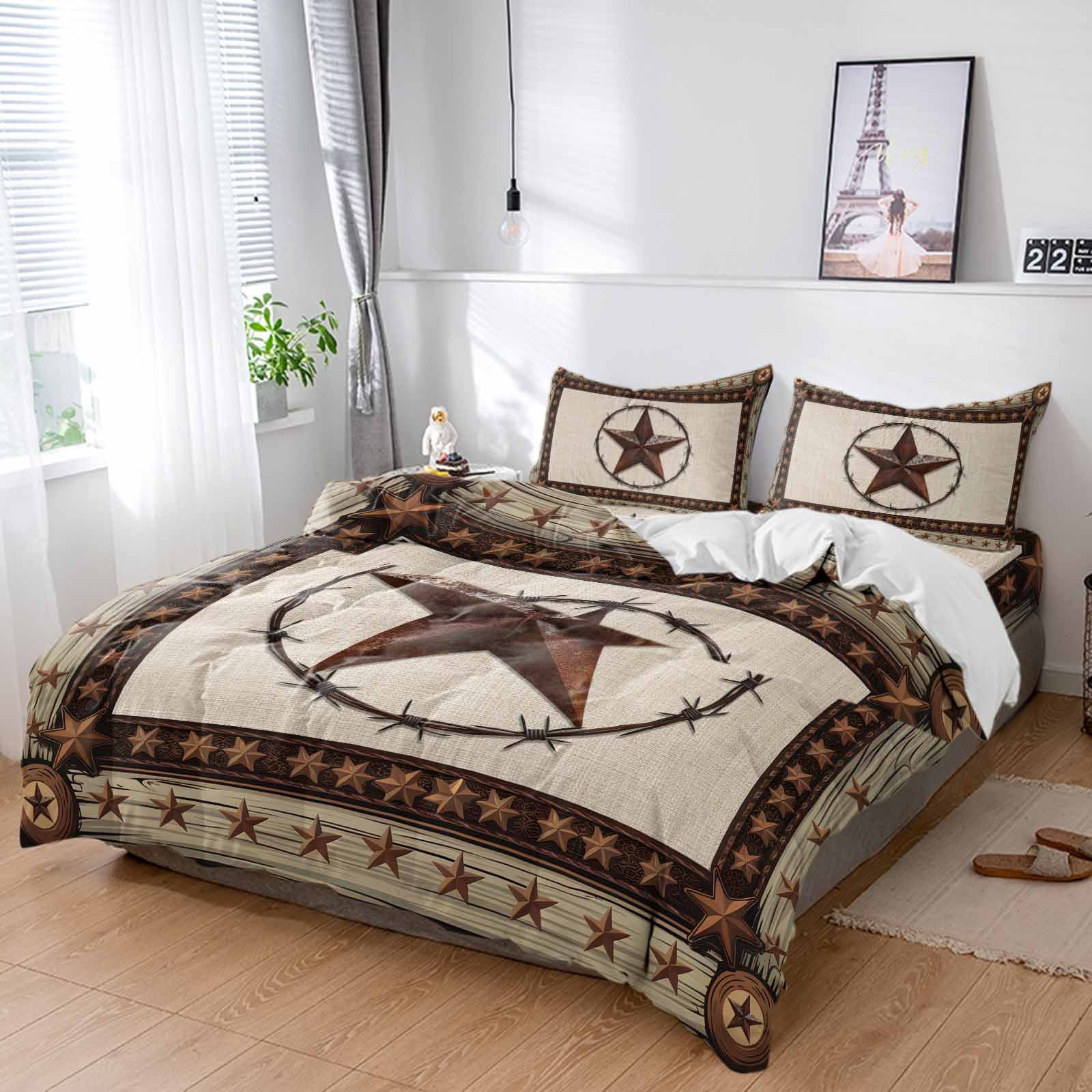 Cal King 4 Piece Bedding Set Country Star Texas Farm Wood Plank Soft Breathable Duvet Cover and Pillowcase,Farmhouse Vintage Linen Duvet Cover Set Washable Bed Sheets for Bedroom Dormitory Guest Room