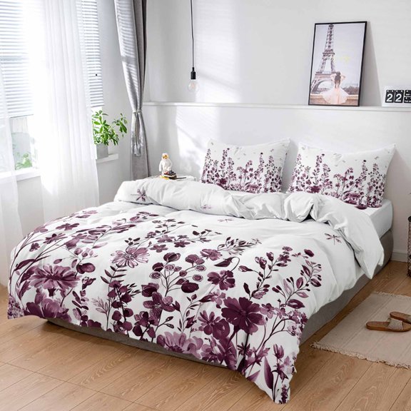 Cal King 4 Piece Bedding Set Farm Flower Leaf Dark Red Ink Style Soft Breathable Duvet Cover and Pillowcase,Still Life Duvet Cover Set Washable Bed Sheets for Bedroom Dormitory Guest Room