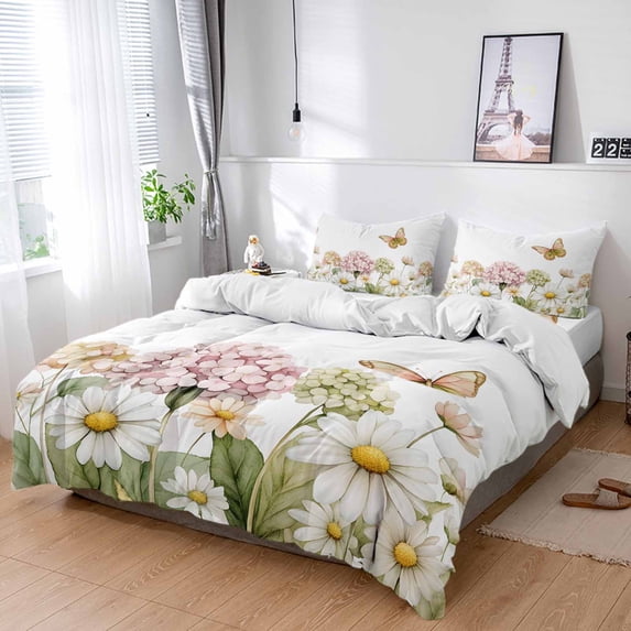 Cal King 4 Piece Bedding Set Garden Butterfly Colorful Hydrangea Soft Breathable Duvet Cover and Pillowcase,Spring Watercolor Floral Duvet Cover Set Bed Sheets for Bedroom Dormitory Guest Room
