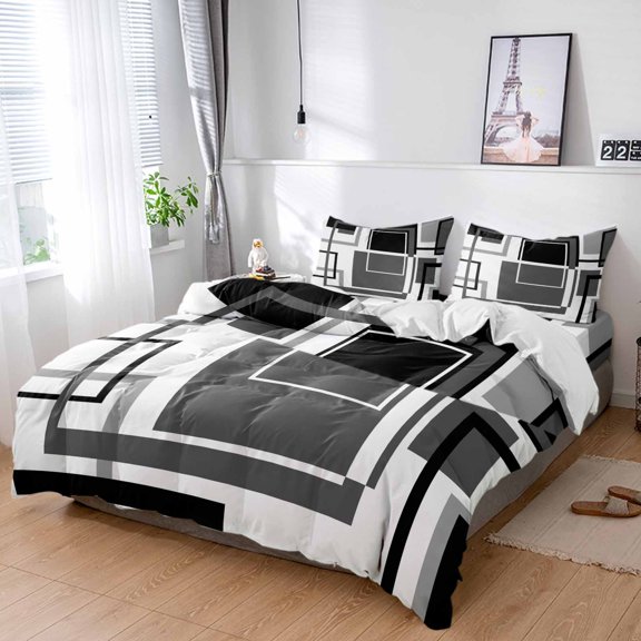 Cal King 4 Piece Bedding Set Geometric Grey Black Abstract Art Soft Breathable Duvet Cover and Pillowcase,Modern Line Block Duvet Cover Set Washable Bed Sheets for Bedroom Dormitory Guest Room