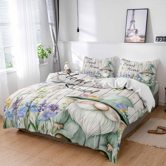 Cal King 4 Piece Bedding Set Gnome Flowers Butterfly on Wood Soft Breathable Duvet Cover and Pillowcase,Retro Watercolor Pastoral Theme Duvet Cover Set Bed Sheets for Bedroom Dormitory Guest Room