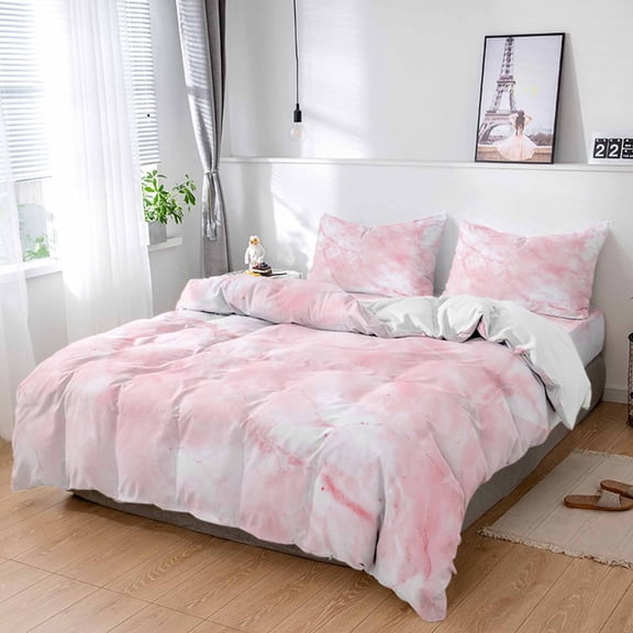 Cal King 4 Piece Bedding Set Gradient Pink Marble Texture Soft Breathable Duvet Cover and Pillowcase,Modern Minimalist Art Duvet Cover Set Washable Bed Sheets for Bedroom Dormitory Guest Room